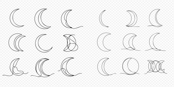 Set of crescent moon drawings in one line art style, celestial body continuous line icons.