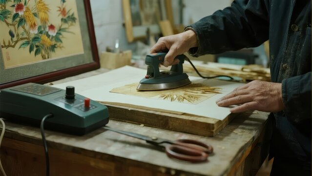 A craftsman uses a heat tool to press a floral design onto fabric in a workshop setting.