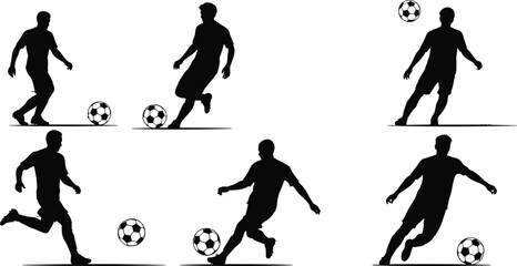 Soccer player silhouettes collection showing football actions dribbling kicking running and ball control isolated on white background for design © Akhi999
