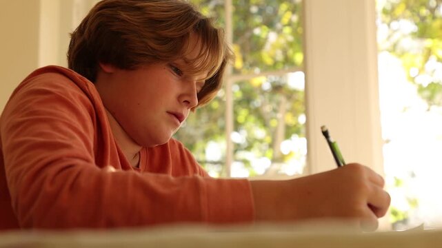 12 year old boy doing homework on kitchen table at sunset
