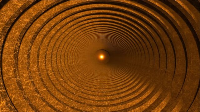 幾何学グリッドから構築される黒大理石の地下トンネルと琥珀色ハブの点火タイムラプス
