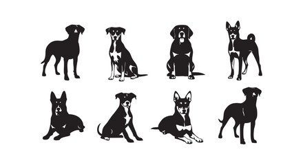 Fototapeta premium Set of various dog breeds silhouettes standing and sitting in different poses cute animal vector illustrations for pet lovers.
