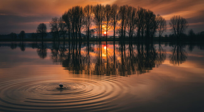 Sunset over a calm lake with silhouetted trees and a single water ripple disturbance effect