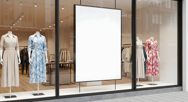 Retail shop storefront with mannequins in floral dresses and blank poster mockup in the display window.
