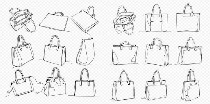 Set of various hand-drawn women's handbags and purses in different styles and perspectives, fashion accessories sketch collection.