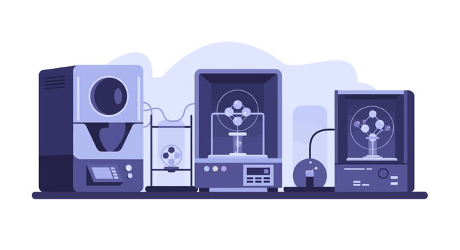 Set of modern 3D printers and additive manufacturing laboratory equipment. EPS Editable. Vector Illustrations.