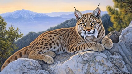 Obraz premium Majestic Lynx Relaxing on Rocky Outcrop in Serene Mountain Landscape