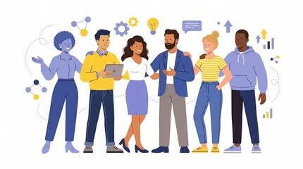 Obraz premium A multicultural group of colleagues, students, and happy men and women standing together representing multinational society, friendship, teamwork, and cooperation in a flat vector illustration.