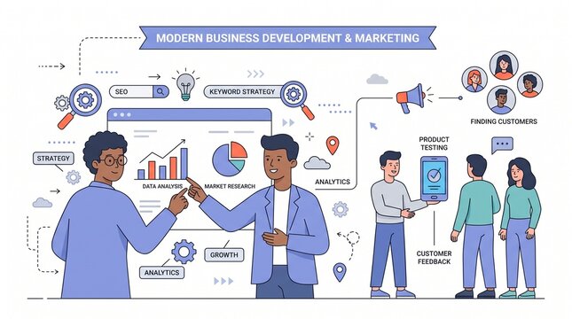 Business development and marketing concept illustrating modern advertising, customer acquisition, SEO, market research, product testing, and data analysis in a flat vector illustration.
