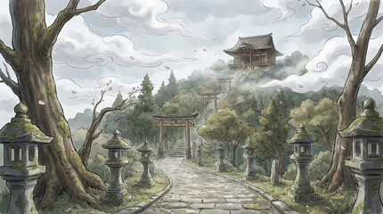 Naklejka premium Ancient Japanese shrine path in misty forest with traditional lanterns Generative AI
