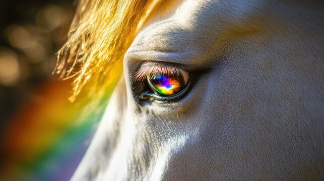 Close-up of a Horse Eye Reflecting Colorful Light Patterns