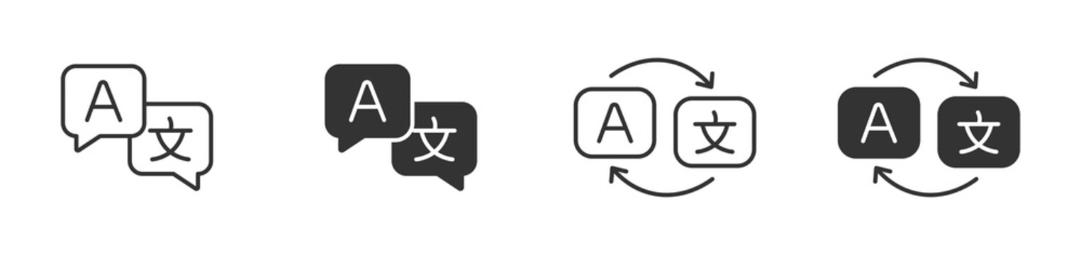 Language translation icons set, Multilingual communication symbols, Translate app icons, Language switch vector icons