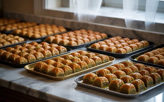 Rows of freshly baked, sweet baklava pastries on trays