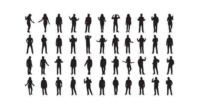 Silhouette set of people standing in various poses, diverse group of men and women, black figures on white background.