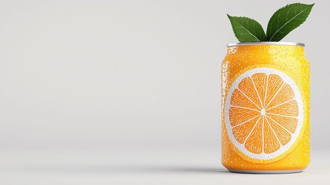  Refreshing Citrus Delight: An invigorating close-up of a vibrant orange soda can, crowned with fresh green leaves and a striking citrus slice, ready to quench thirst.