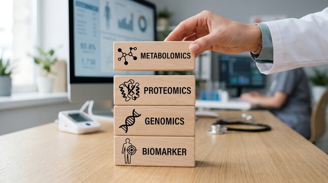 Person in lab coat placing wooden blocks with scientific terms on desk in office