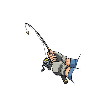 Person holding fishing rod with bent arm and hooked line outdoors