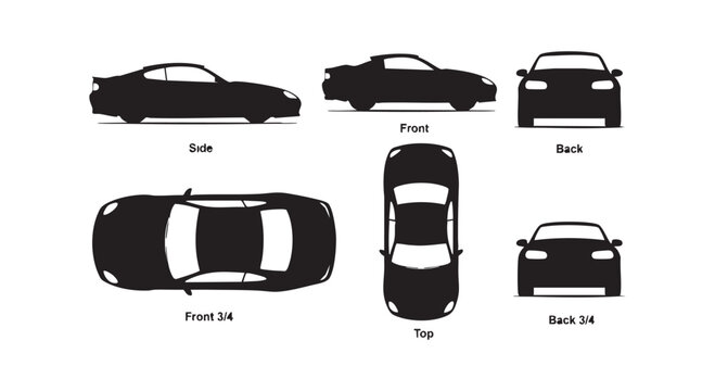 Sports car silhouettes from different view angles including front side back and top perspectives for vehicle blueprinting.