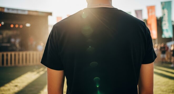 Person in Blank Black Cotton T Shirt at Indie Rock Music Festival Mockup