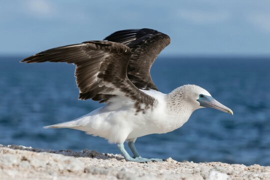 Blue-footed booby standing on rocky shore with wings partially raised, ocean in background