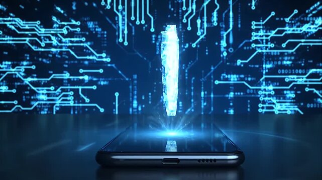 Digital shield icon hovering over a smartphone representing mobile cybersecurity and data protection in a futuristic setting