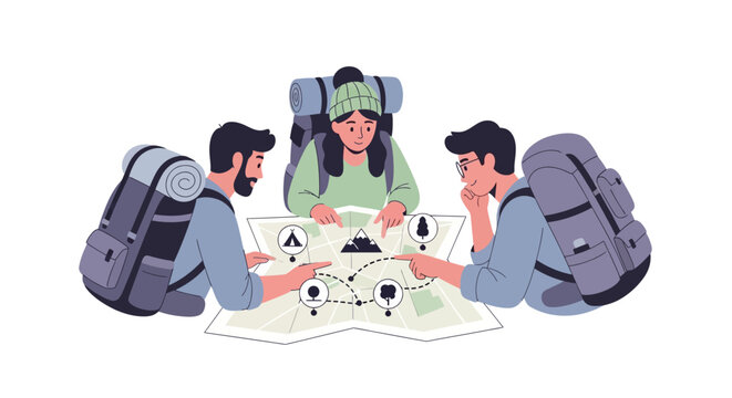 Three hikers planning a route with a map. EPS Editable. Vector Illustrations.