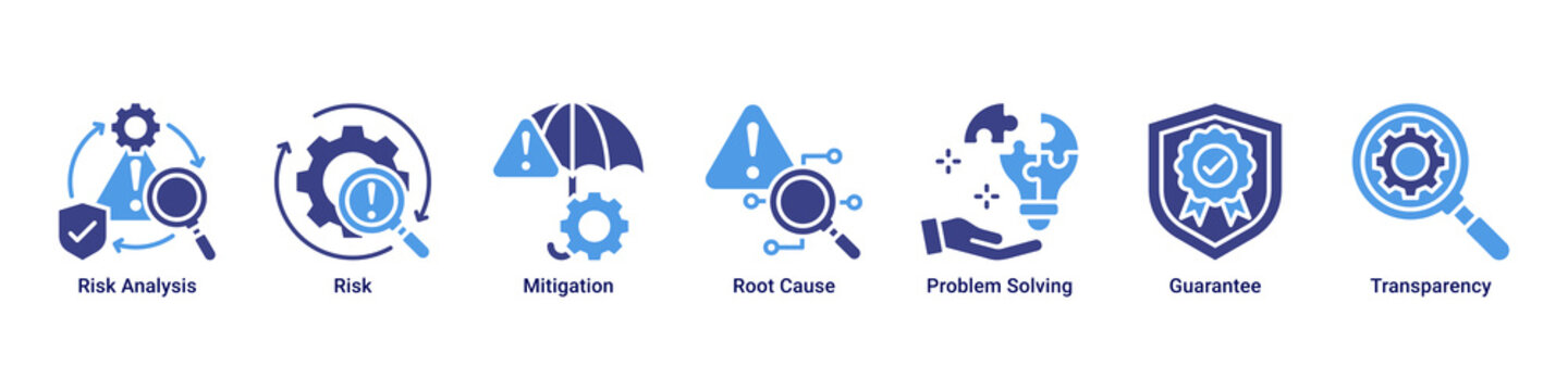 Risk Management web banner icon vector illustration featuring Risk Analysis, Risk, Mitigation, Root Cause, Problem Solving, Guarantee and Transparency