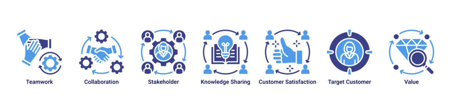 Team Collaboration web banner icon vector illustration featuring Teamwork, Collaboration, Stakeholder, Knowledge Sharing, Customer Satisfaction, Target Customer and Value