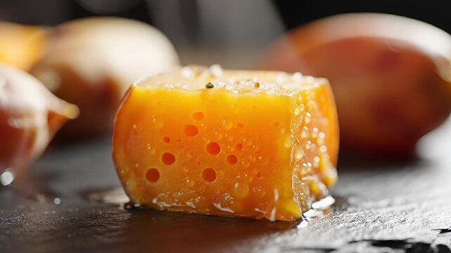 Closeup of a delicious cheese wheel with shallots in the background.