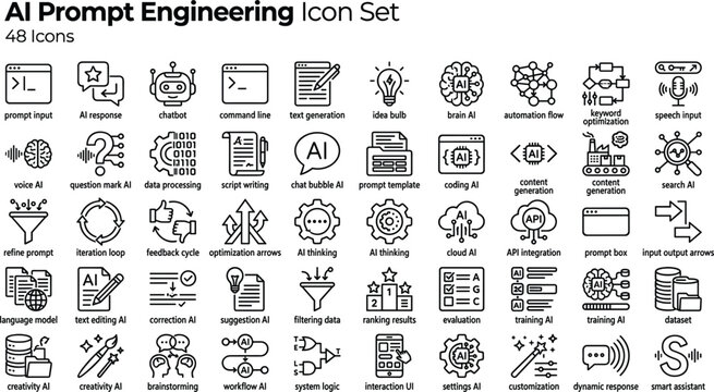 AI Prompt Engineering Icon Set Featuring Chatbots, Text Generation, Optimization, Automation Workflows and Large Language Model Concepts