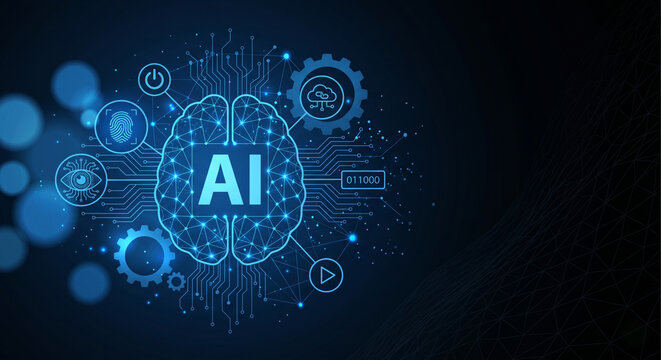 Glowing digital brain illustrating artificial intelligence through interconnected circuit lines and various technological icons.