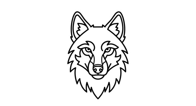 Detailed line art drawing of a wolf's head looking directly forward with a fierce and majestic expression.