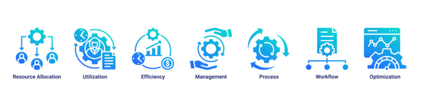 Resource Management web banner icon vector illustration featuring Resource Allocation, Utilization, Efficiency, Management, Process, Workflow and Optimization