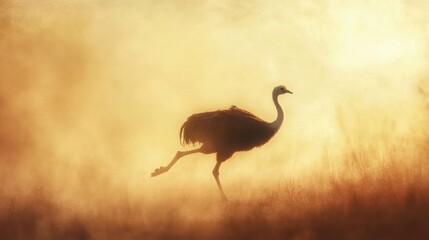 Obraz premium Majestic Crane Walking Gracefully Through Foggy Golden Landscape