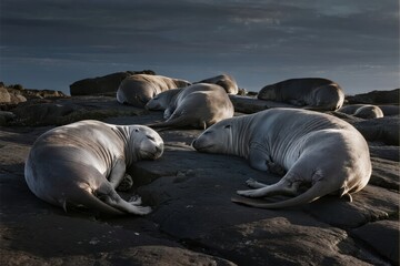 Fototapeta premium Seals resting on rocky shoreline under overcast sky