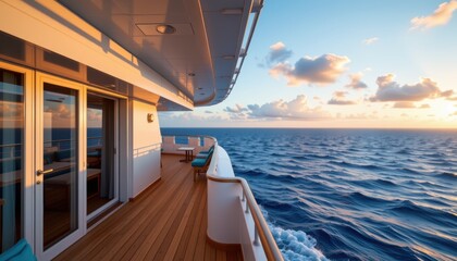 Fototapeta premium Luxury cruise ship balcony overlooking calm ocean at sunset with seating and panoramic views