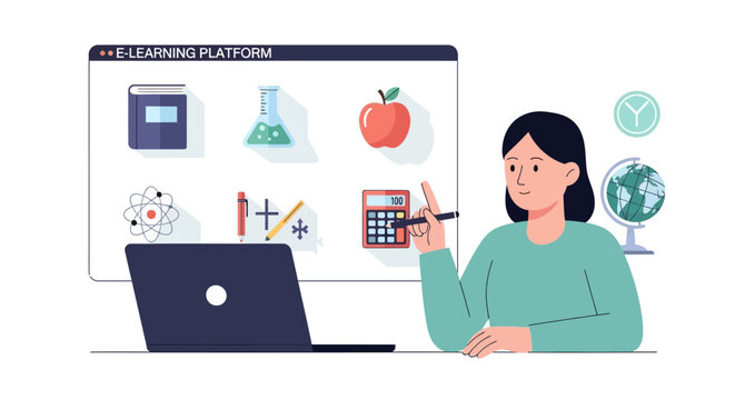 Young woman engaging in online learning with laptop and digital education icons. EPS Editable. Vector Illustrations.