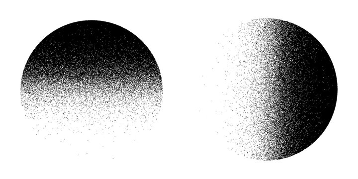Grainy noise circles vector set. Dot grain texture circles. Spray texture sand and dissolving circles. Abstract black spheres with gradient stipple pattern.  Vector illustration