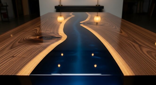 Elegant Black walnut wood table with blue epoxy resin river design