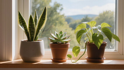 Fototapeta premium Indoor Plants on Sunny Windowsill with Green Landscape View
