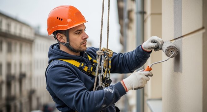 Painter worker applying paint roller on building wall with safety harness and helmet