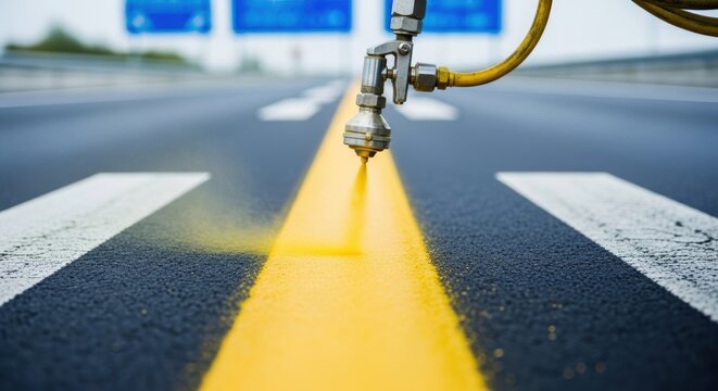 spray paint nozzle painting yellow line on asphalt road with white stripes