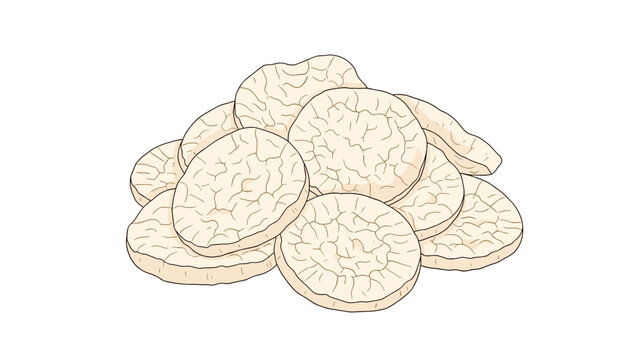 Group of sliced burdock root pieces piled together in a detailed hand-drawn style showing texture and natural earthy tones.
