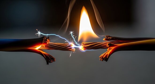 Electrical Short Circuit Arcing Fire and Sparks on Damaged Wires