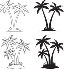 Fototapeta premium Palm tree silhouettes collection black and white tropical plant shapes on white background