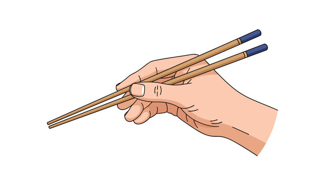 Realistic illustration of a human hand expertly holding a pair of wooden chopsticks with blue tips ready for a meal.