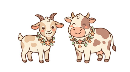 Obraz premium A cheerful illustration of a goat and cow wearing floral garlands stand side by side.