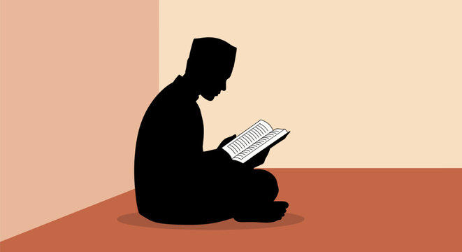 Man reading a holy book sitting.