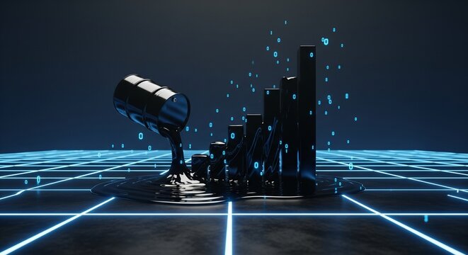 3D render of pouring oil barrel with dark bar graph and binary code in futuristic grid