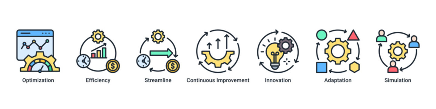 Process Optimization web banner icon vector illustration featuring Optimization, Efficiency, Streamline, Continuous Improvement, Innovation, Adaptation and Simulation